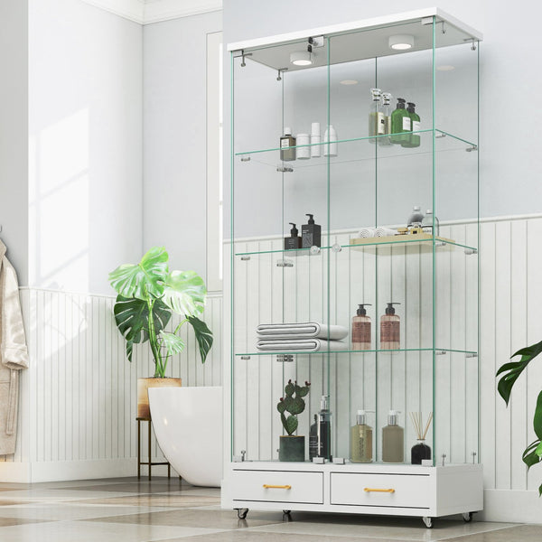 English Elm Modern Glass Display Cabinet With Led Lights & Drawers - Stylish 4-Shelf Storage For Any Room W241S00058