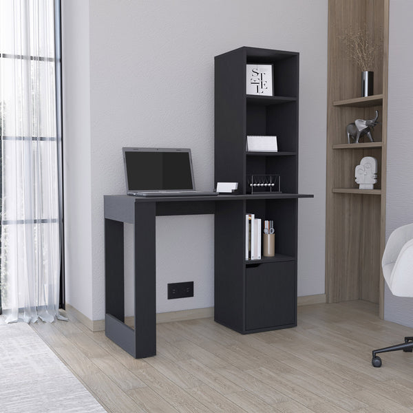 English Elm Iowa Black Computer Desk with 4-Tier Bookcase & Cabinet — Compact Engineered Wood Workspace Storage B200P188864