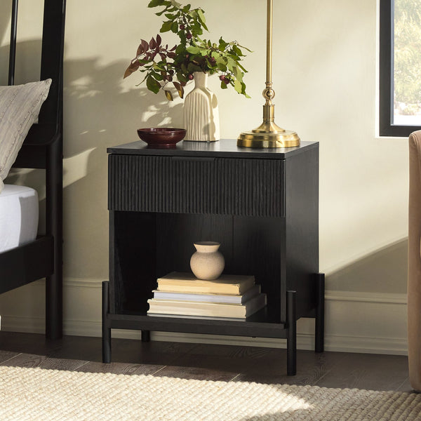 English Elm Walker Edison - Modern Fluted-Drawer Nightstand Black — Boho Minimalist MDF Nightstand with Open Cubby & Metal Legs B185P168922