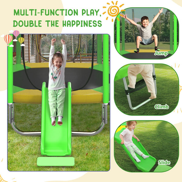 English Elm 7ft Hexagonal Kids Outdoor Trampoline with Enclosure Net Slide and Ladder Green N739P272805F