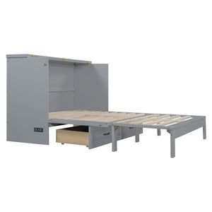 English Elm Queen Murphy Wall Bed with Usb Ports Storage Drawers and Cabinet Style Panel Front Gray N708S00010E