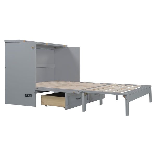 English Elm Queen Murphy Wall Bed with Usb Ports Storage Drawers and Cabinet Style Panel Front Gray N708S00010E-1
