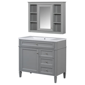 English Elm 36'' Modern Bathroom Vanity Set With Mirror, 2 Soft-Close Drawers, & 6 Open Shelves For Storage N710S236006E