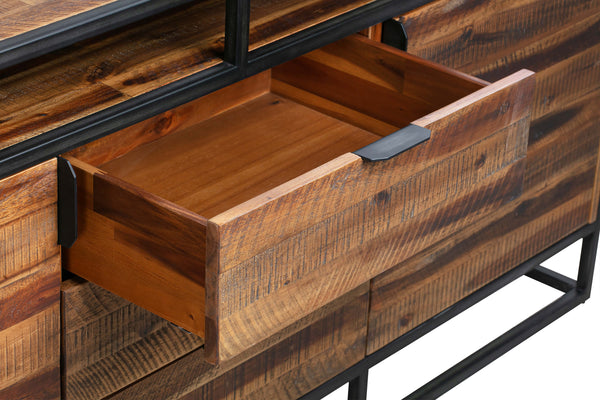 English Elm Ulera Acacia 3-Drawer Sideboard Buffet with Black Metal Frame — Durable, Weatherproof Storage for Home B2736P354398