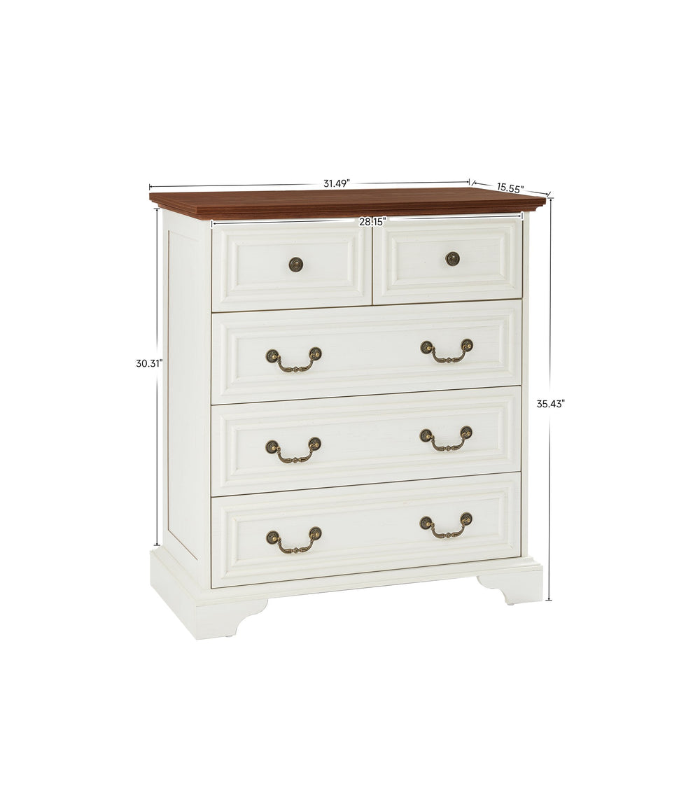 English Elm Modern White 5-Drawer Dresser Durable Engineered Wood Wide Chest Smooth Metal Slides Stable Base W1785P238909