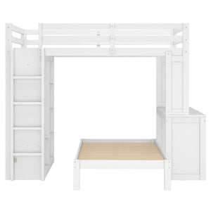 English Elm Full Solid Wood Loft Bed with Removable Lower Bed, Built-In Desk, Shelves & Wardrobe for Space-Saving Designs White W1580S00211