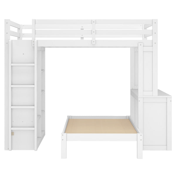 English Elm Full Solid Wood Loft Bed with Removable Lower Bed, Built-In Desk, Shelves & Wardrobe for Space-Saving Designs White W1580S00211