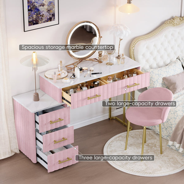 English Elm Velvet Upholstered Vanity Desk Set with Marble-Look Top, Padded Chair, 5 Spacious Drawers & Gold Accents Pink 17.5 L x 16.3 W x 16.1 H N733S272606H