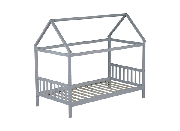 English Elm Twin House Bed with Headboard and Footboard — Space-Saving Rubberwood Frame, Playful Architectural Design LIGHT GREY W504P225966