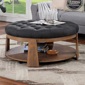 English Elm Wire-brushed Rustic Ottoman with Deep Button Tufting, Padded Linen-Like Seat & Open Shelf, 40¾" DIA Dark Gray 44 L x 44 W x 10 H B011P184967