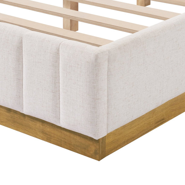 English Elm Queen Upholstered Bed Linen Fabric Channel Stitched Headboard Solid Wood Base Support N757Q338166I