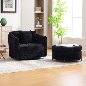 English Elm 39"w Swivel Barrel Club Chair with Channel Tufted Chenille and Round Storage Ottoman Set Black W3118S00050