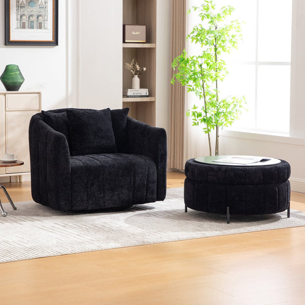English Elm 39"w Swivel Barrel Club Chair with Channel Tufted Chenille and Round Storage Ottoman Set Black W3118S00050