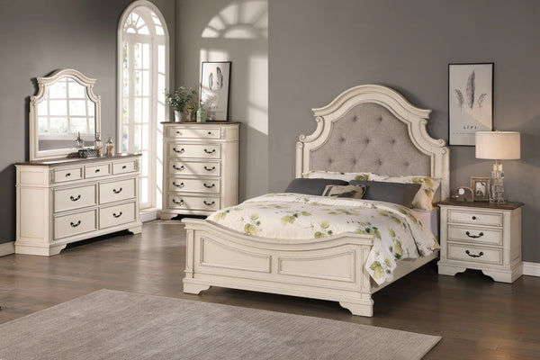 English Elm Antique Cream Wooden Chest of Drawers 5-Drawer Bedroom Dresser with Walnut Top Vintage Charm B011P236763