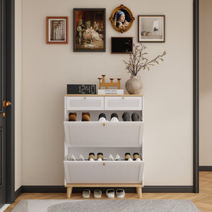 English Elm Shoes Storage Cabinet Slim Flip Door Entryway Organizer with Natural Wood Legs 16 Pairs W3166P266365