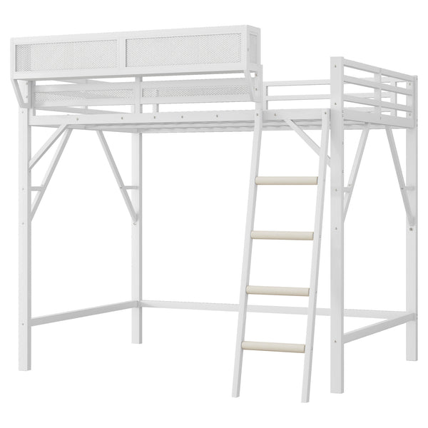 English Elm Full Size Loft Bed with Ladder and Built-In Shelves, Sturdy Metal High Loft for Kids Teens 54" White W2580P379995