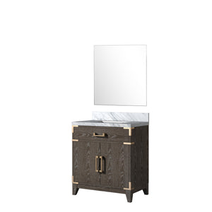 English Elm Brown Oak Single Bath Vanity With Carrara Marble Top & Matching Mirror - Elegant Storage Solution B2731S01453