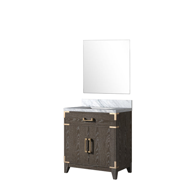 English Elm Brown Oak Single Bath Vanity With Carrara Marble Top & Matching Mirror - Elegant Storage Solution B2731S01453