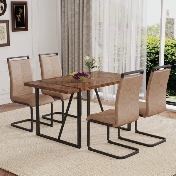 English Elm Table Retro Dining Set With Fishbone Mdf Top & 4 Brown Fabric Chairs - Modern, Stylish, Durable W1151S03140-GIGA