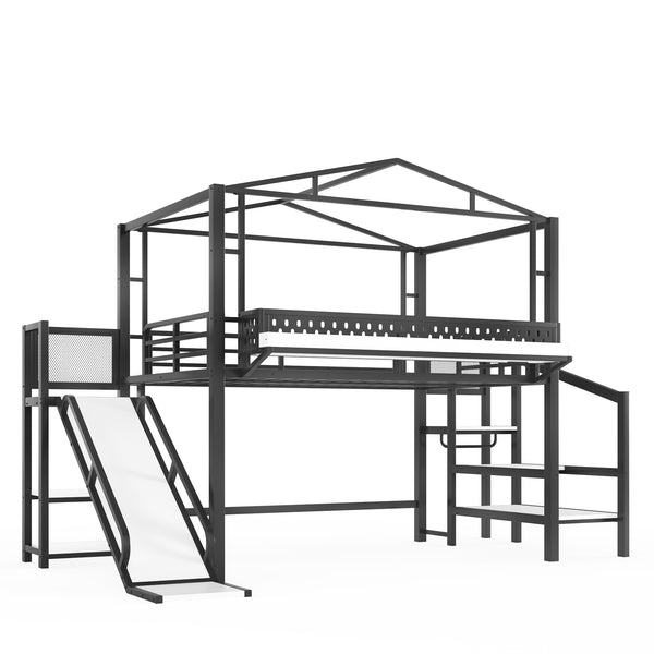 English Elm Twin Metal Loft Bed with Built-in Wardrobe Storage Stairs Led Lights and Usb Ports W5316S00047