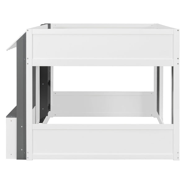 English Elm Twin House Loft Bed with Pull Out Rolling Desk Stair Drawers and Cabinet Storage White+Gray N820S00074E