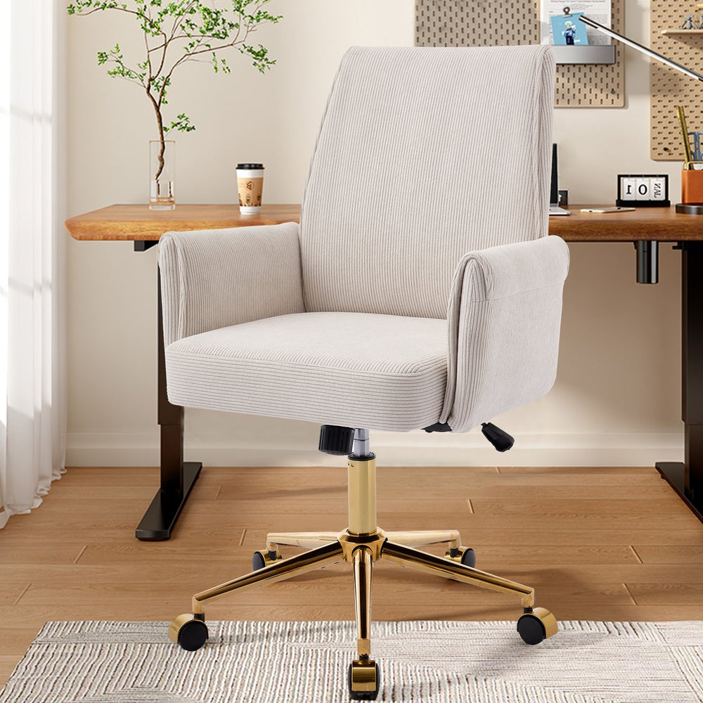 English Elm Mid-back Corduroy Office Chair with Memory Foam Cushion, Ergonomic S-curve Support for Comfort and Focus White W2311P282365