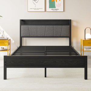 English Elm Full Size Bed Frame with Storage Headboard & Charging Station, Upholstered Gray Cotton Flax, 400lb Stable Platform W840P179122