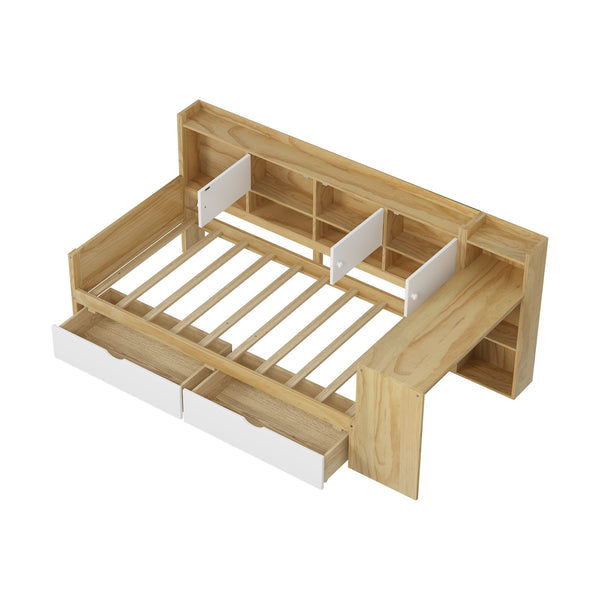 English Elm Wooden L-shape Twin Bed with Study Desk Bookshelf and Nine Storage Cabinets N733S247070M
