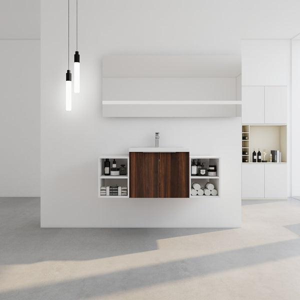 English Elm 48 Inch Wall Mounted Bathroom Vanity with Resin Sink, Soft-Close Doors, Metal Handles, Storage—Durable Eco Plywood California Walnut W999S00185