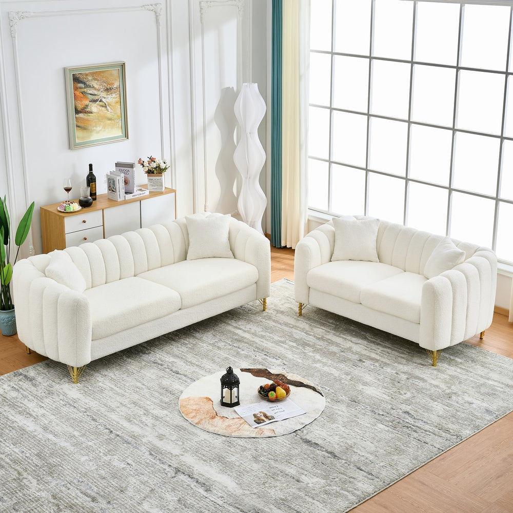 English Elm Oversized Chenille Three Seat Sofa Tufted Cushions Gold Legs Modern Glam Living Room W3373S00074