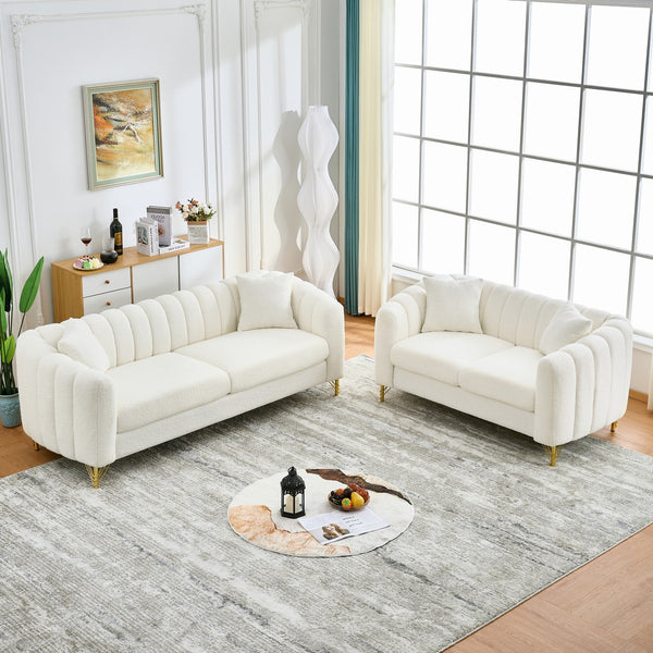 English Elm Oversized Chenille Three Seat Sofa Tufted Cushions Gold Legs Modern Glam Living Room W3373S00074
