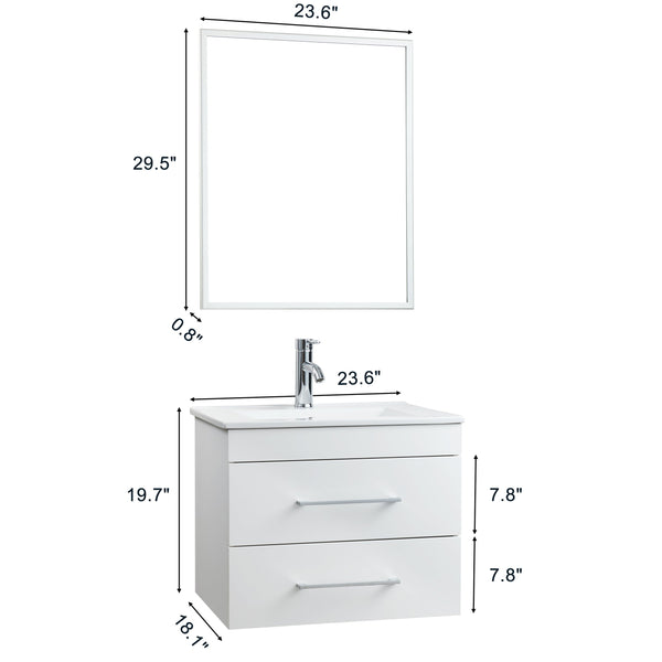 English Elm 24-Inch Modern White Gloss Wall-Mounted Bathroom Vanity With Soft-Close Drawers & Ceramic Sink W3151S00005