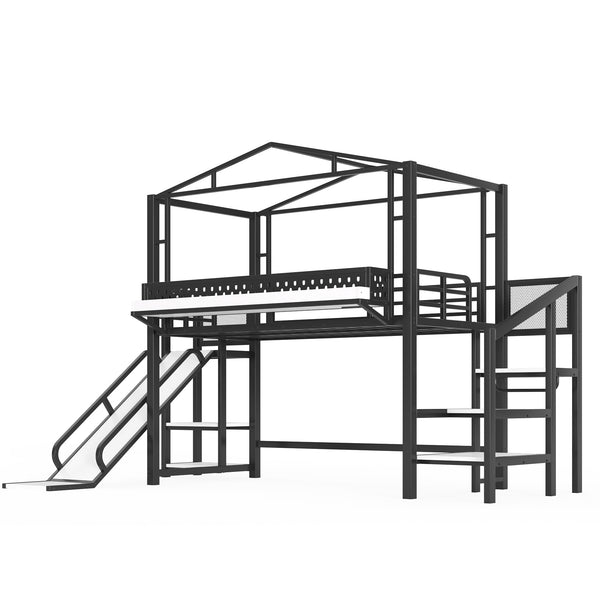English Elm Twin Metal Loft Bed with Built-in Wardrobe Storage Stairs Led Lights and Usb Ports W5316S00045