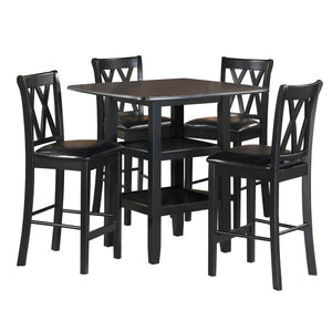 English Elm Black 5pc Counter Height Dining Set with Double Display Shelves, X-Back Faux Leather Chairs, Compact Stylish B011P194586