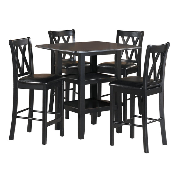 English Elm Black 5pc Counter Height Dining Set with Double Display Shelves, X-Back Faux Leather Chairs, Compact Stylish B011P194586