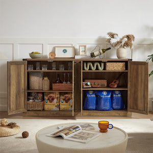 English Elm 65-Inch Slate Gray 3D Faux Rattan Sideboard with Barn-Style Doors, Magnetic Closure & Adjustable Shelves Oak W2702P184359
