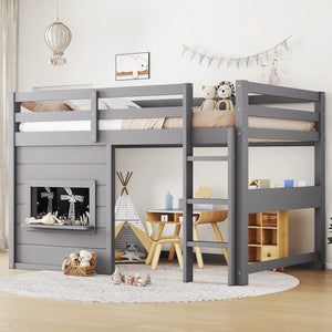 English Elm Twin Loft Bed House Frame with Sliding Chalkboard Built-in Bookshelf and Safety Rails Gray W1580S00320