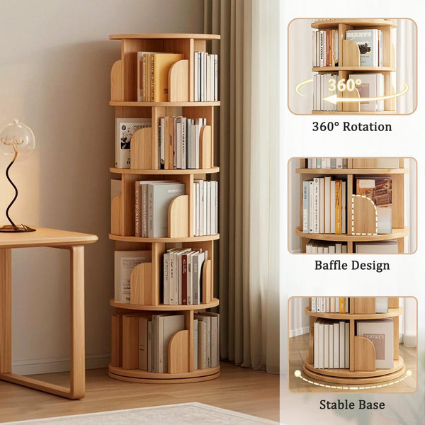 English Elm 5 Tier Rotating Bookshelf Tower with Curved Edges, 360° Smooth Spin, Stable Double-Layer Base, Space-Saving Storage Wood W3204P293742