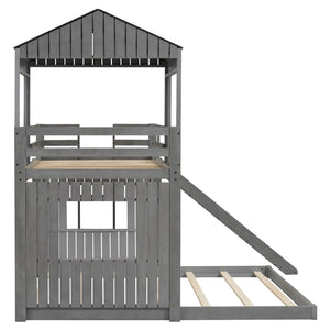 English Elm Wooden Twin Over Full Bunk Bed Farmhouse Playhouse Slide Pinewood Kids Loft LT000328AAE
