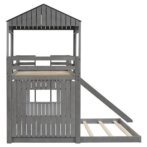 English Elm Wooden Twin Over Full Bunk Bed Farmhouse Playhouse Slide Pinewood Kids Loft LT000328AAE