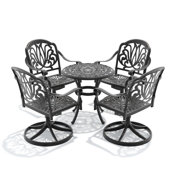 English Elm 5-piece Cast Aluminum Outdoor Dining Set with Swivel Chairs Ornate Patio Table W1710S00681