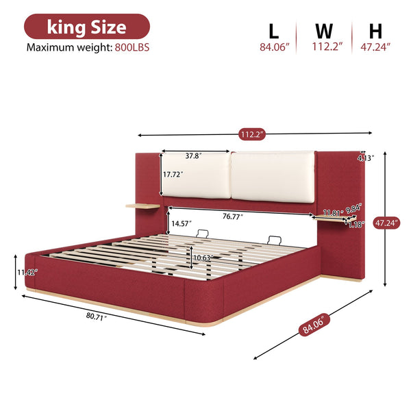 English Elm Christopher Knight Home® - King PU Leather Bed Frame with Wingback Headboard & Footboard, Gold Accents, Platform Slat Support, Elegant Design Red 76.4 L x 12.75 W x 8.75 H N761S0000024R