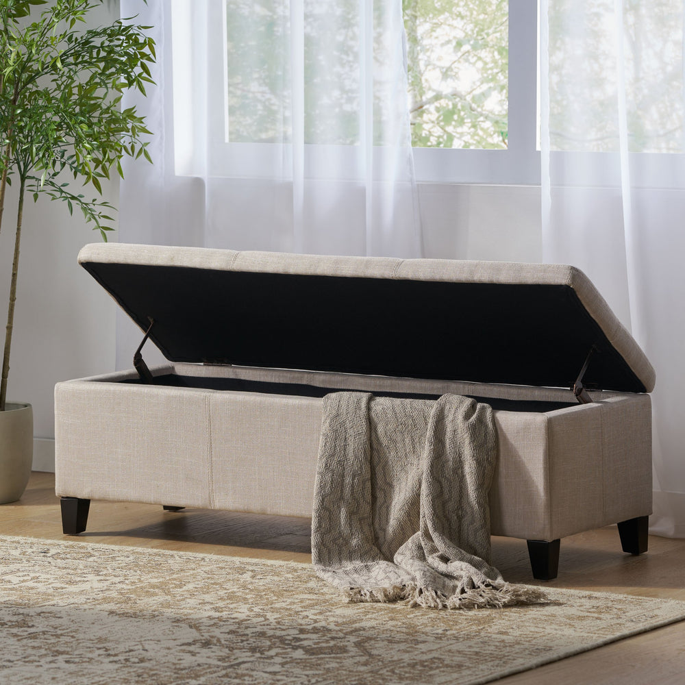 English Elm Upholstered Storage Ottoman with Solid Wood Legs Wide Hinged Bench for Living Rooms N757P414088B
