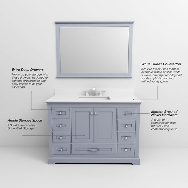 English Elm Dark Grey Single Bath Vanity 48" W x 22" D with White Quartz Top, Soft-Close Drawers & 46" Mirror B2731S00651