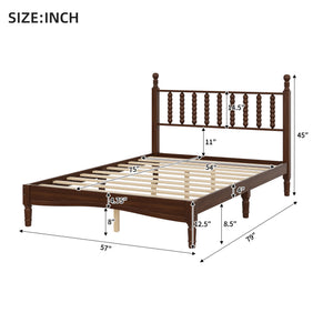 English Elm Full Full Size Wood Platform Bed with Gourd Headboard, Walnut Retro Charm, Solid Slat Support, 500LB Capacity N733P338317D