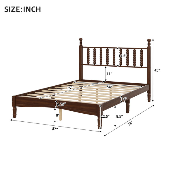 English Elm Full Full Size Wood Platform Bed with Gourd Headboard, Walnut Retro Charm, Solid Slat Support, 500LB Capacity N733P338317D