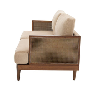 English Elm Emir Three Seat Boucle Sofa with Handwoven Cane Arms and Walnut Tapered Legs Camel N773P285909C