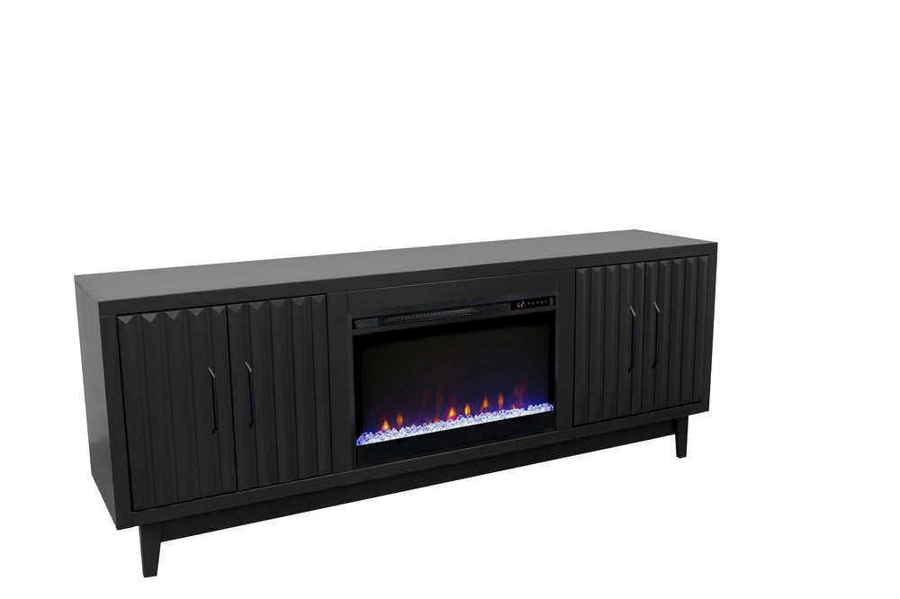 English Elm Radiance 75" Fireplace TV Stand for TVs up to 85" — Fluted Doors, 26" Electric Insert, Black Finish B108P345210