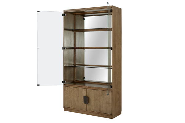English Elm Display Eucalyptus Display Cabinet with Tempered Glass, Mirrored Back & Two-Door Tan Solid Wood Storage B2699P396177