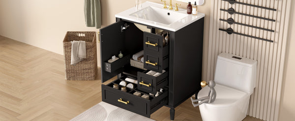 English Elm 24" Olive Bathroom Vanity Solid Wood Frame Ceramic Sink Gold Hardware Soft Close Black N729P373272B
